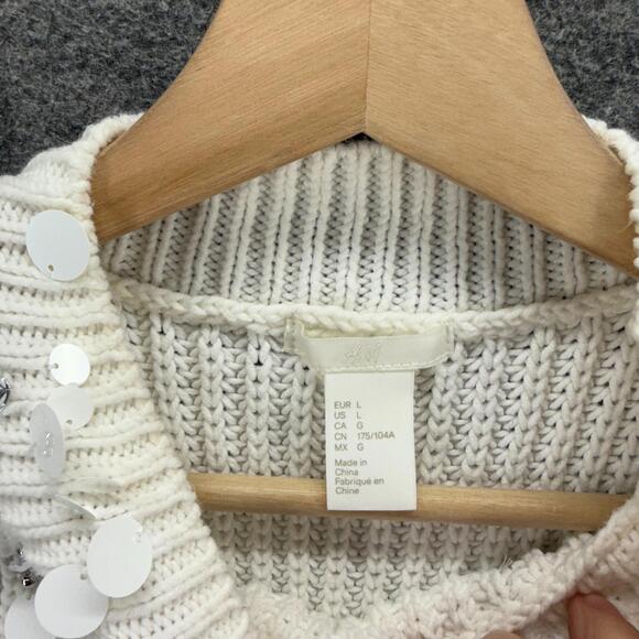 H&M Vest Women L Large White Knit Sleeveless Crew Neck Cotton Sequin Casual - Picture 3 of 7